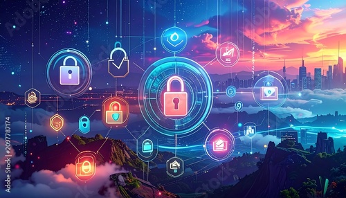 A futuristic cityscape at sunset with glowing security icons