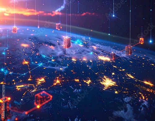 A futuristic cityscape at sunset with neon lights and digital cubes