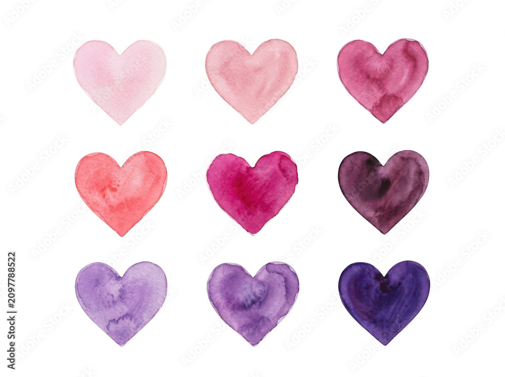 Fototapeta premium Watercolor heart set in various colors isolated on transparent background