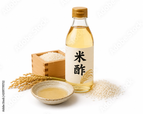 稲穂と米と米酢の瓶を白背景に配置した日本の豊かな自然と伝統が息づく調味料の素材 generative ai