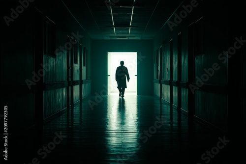 Distant doctor silhouette at, medical staff presence and sterile clinical setting