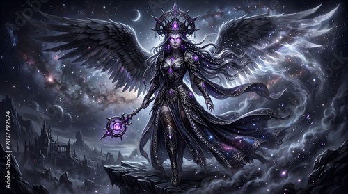 A dark queen with glowing violet eyes, wearing an intricate obsidian crown adorned with luminous crystals