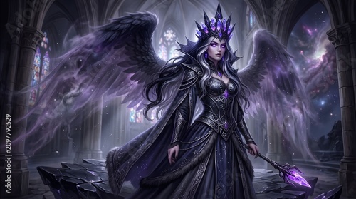 A celestial dark queen with glowing violet eyes, wearing an intricate obsidian crown adorned with luminous crystals