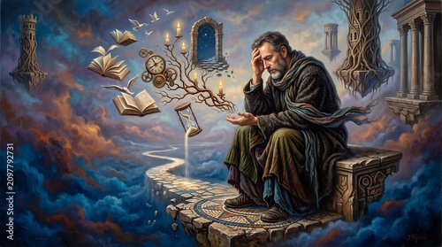 A contemplative man, symbolic surrealism expressed through rich oil paint and classic fine-art composition