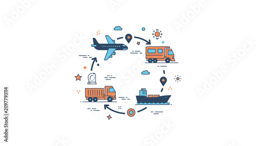 Global logistics and transportation network infographic with shipping