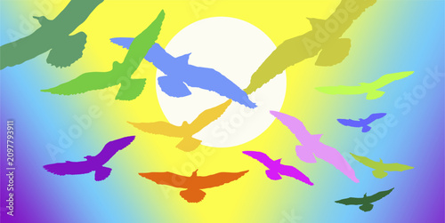Quadro su tela Flock of Colorful Birds Flying Across a Vibrant Rainbow Gradient Sky with Sun Ve