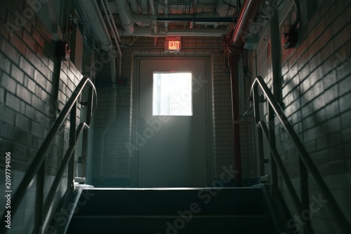 Hospital rooftop access door, empty hospital setting and professional medical interior