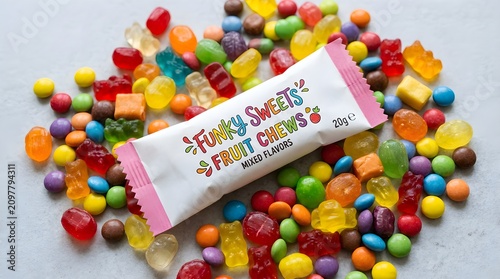Happy Sweets candy wrapper with multicolored jelly beans spilling out. Bright confectionery packaging displaying vibrant round candies for celebrat...