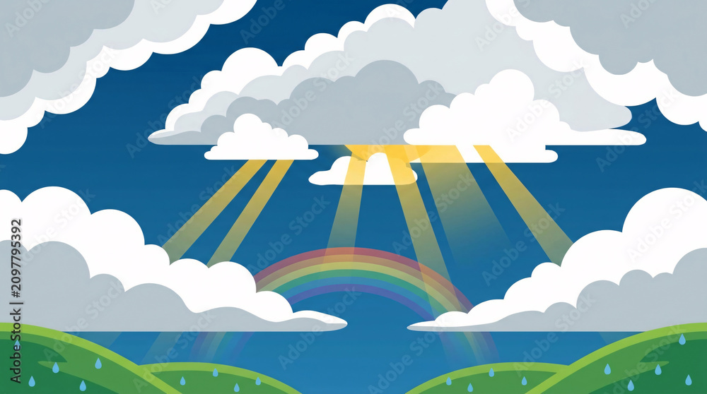 Obraz premium Sunny Landscape Illustration Featuring Golden Sunbeams Breaking Through Fluffy Clouds Over A Green Hill With A Colorful Rainbow After Rain