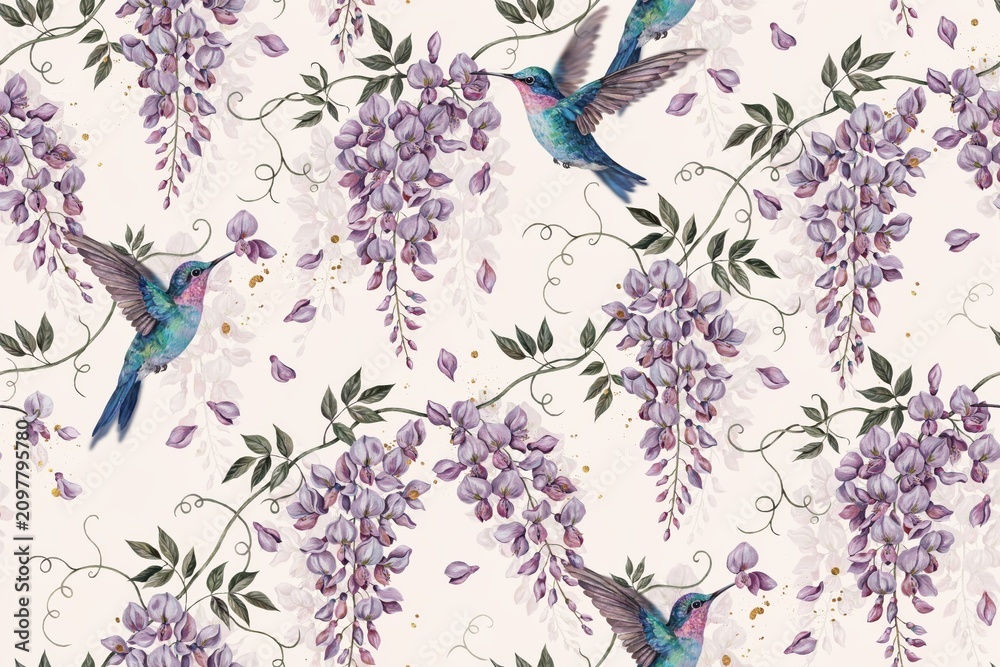 Fototapeta premium Seamless pattern featuring vibrant hummingbirds in flight and cascading purple wisteria flowers on a soft cream background, for textile print
