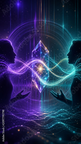 Abstract digital connection between two human silhouettes