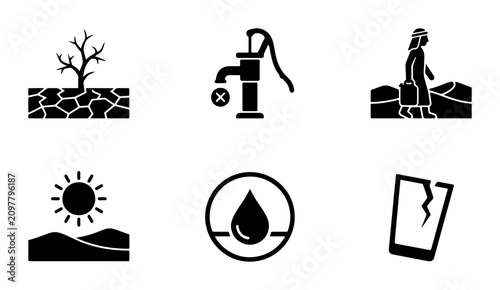 Drought Icons, Water Scarcity Symbols, Arid Landscape Graphics, Crisis Vector Set