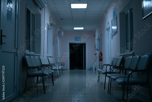 Rural clinic hallway with si, empty hospital setting and professional medical interior