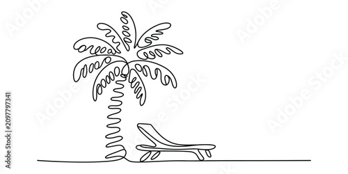Konstfotografi Continuous one line drawing of a palm tree and beach chair