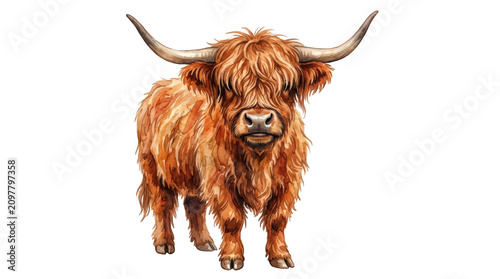 Close up portrait of shaggy long haired highland cow standing isolated transparent background