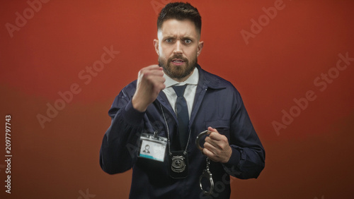 фотографія Man with police badge and dangling handcuffs pointing finger toward camera while holding id lanyard in studio; assertive tension