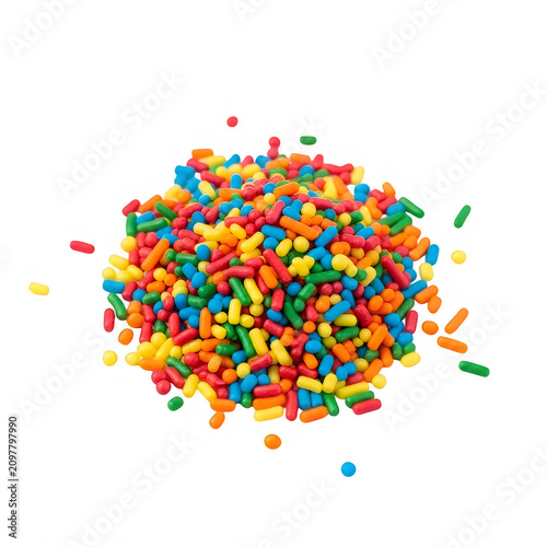 A pile of colorful sweet sugar sprinkles for decorating cakes and desserts isolated on transparent background
