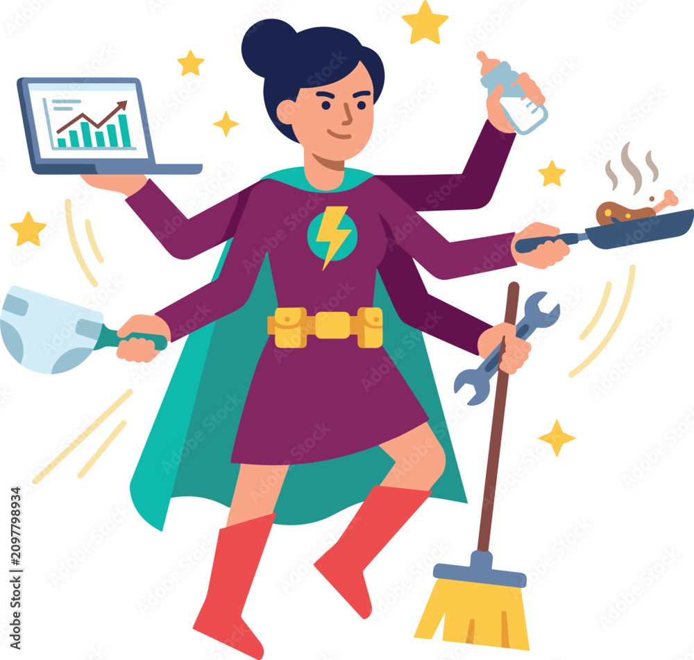 Fototapeta premium Multitasking Superhero Mother Concept with Multihanded Super Mom Balancing Business Analytics, Baby Care, Frying Pan Cooking, Diaper Changing, and Household Sweeping Chores