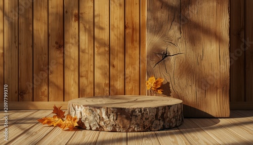 Rustic Wood Log Pedestal Mockup for Autumn Product Display with Falling Leaves and Natural Sunlight Shadow Background.