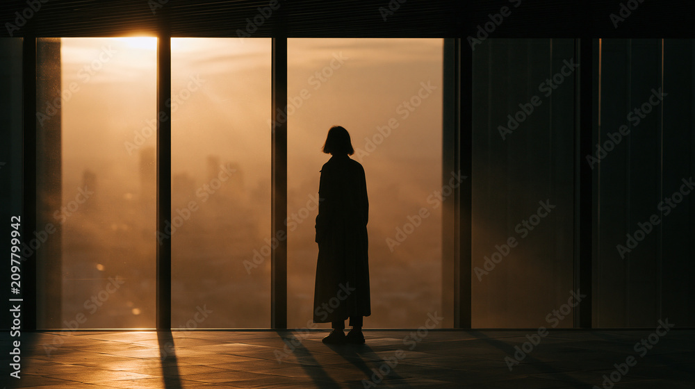 Fototapeta premium Solitude by the Window: A lone figure stands silhouetted against a vast window, gazing out at a sprawling cityscape bathed in the warm, hazy glow of sunrise or sunset.