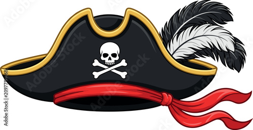 Classic pirate captain tricorn hat vector illustration with skull crossbones red sash and feathers on white background