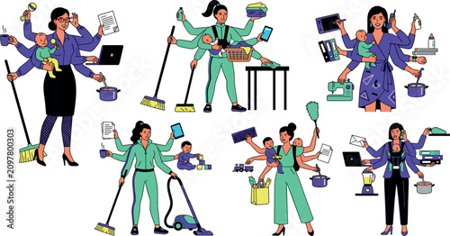 Multitasking Mother Character Set with Busy Multihanded Women Balancing Office Work, Childcare, Cooking, Housekeeping, Vacuuming, and Sewing Chores Vector Illustration