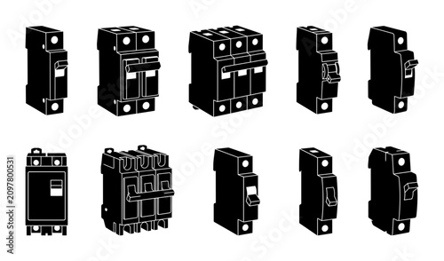 Electrical Circuit Breaker Collection Set Featuring Industrial Switchgear Components