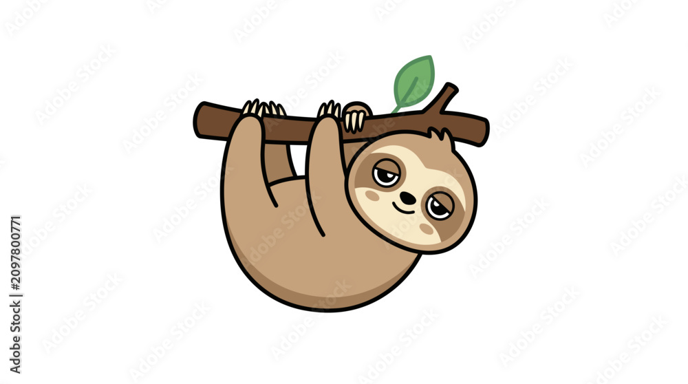 Fototapeta premium Adorable lazy sloth character resting on a wooden branch