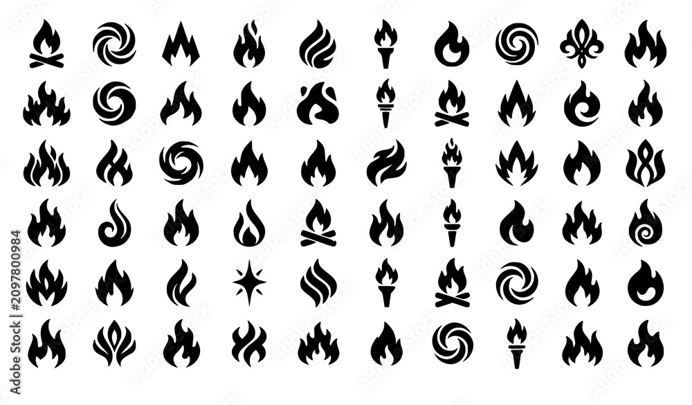 Obraz premium Stylized Flame and Fire Silhouette Vector Icon Collection