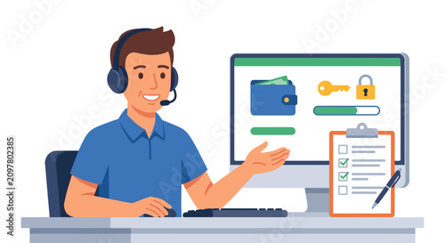 Professional call center representative assisting customer with secure digital wallet and account recovery flat vector illustration.
