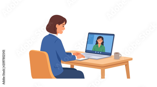 Professional HR recruiter conducting online job interview with candidate on laptop flat design vector illustration