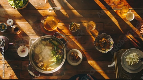 Authentic Chinese Hot Pot with Sichuan Spicy Broth, Sliced Lamb, Fish Balls, Enoki Mushrooms, and Fresh Greens for Communal Dining and Winter Warmth