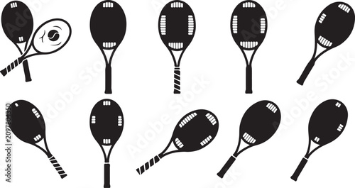 Photography Tennis rackets, black icons, sports equipment, racket set, vector graphics