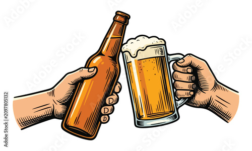 Beer Toasting Hands with Bottle and Mug Illustration
