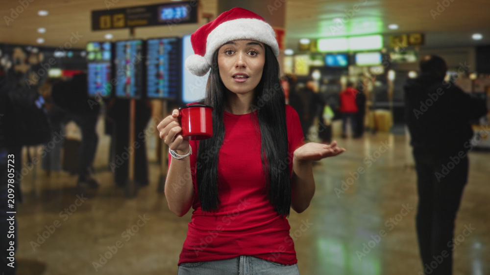 Fototapeta premium Young woman in santa hat smiling softly holds a red mug with one hand and places the other hand on her chest at airport; holiday warmth giving.