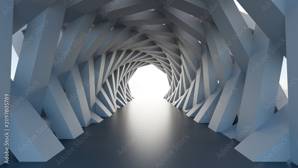 Fototapeta premium Futuristic 3D render of a grey spiral geometric parametric tunnel corridor leading to bright light