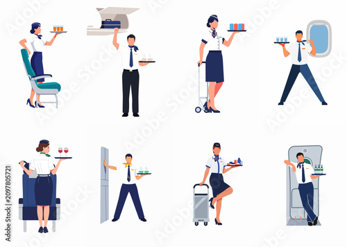 Photos Set of male and female flight attendants in uniform providing various inflight services such as serving drinks, meals, and handling luggage