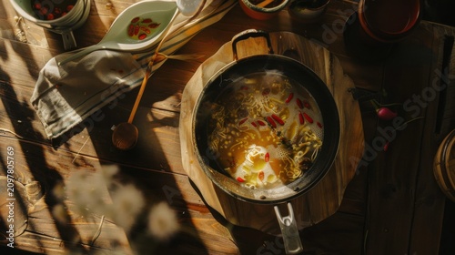 Authentic Chinese Hot Pot with Sichuan Spicy Broth, Sliced Lamb, Fish Balls, Enoki Mushrooms, and Fresh Greens for Communal Dining and Winter Warmth