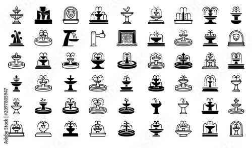 Принти на полотні Fountain Vector Icon Set with Garden Water Architectural and Landscape Symbols