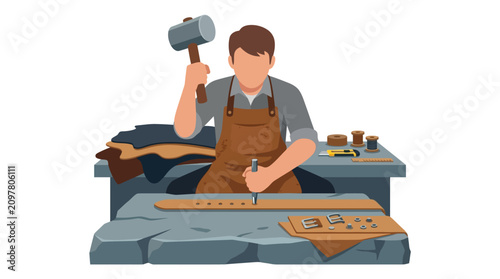 Professional leather craftsman punching holes in a handmade belt at workshop bench flat design vector illustration.