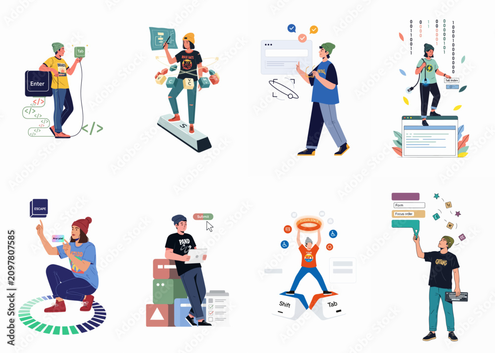 Fototapeta premium Illustrations of developers and designers focusing on web accessibility, keyboard navigation, user interface components, and inclusive digital user experience design.