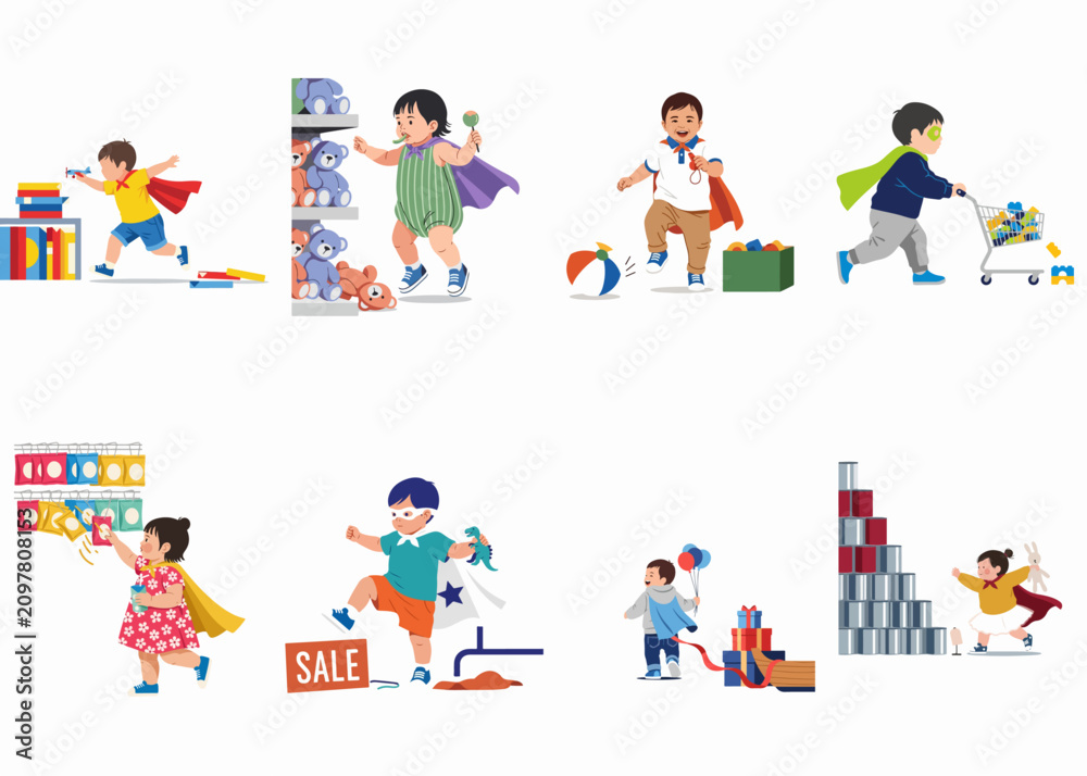 Fototapeta premium A collection of cute diverse children in superhero capes and masks playing, shopping, and exploring in a retail store setting.