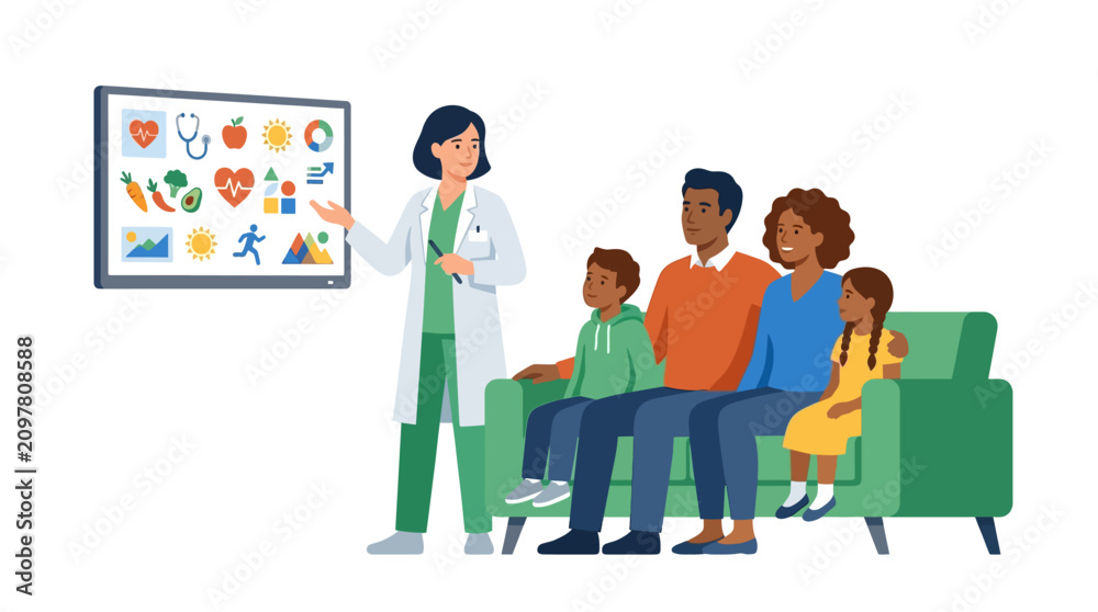 Obraz premium Female doctor presenting healthy lifestyle tips to a happy diverse family during medical consultation flat vector illustration.