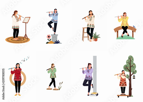 Set of flat vector illustrations depicting women playing the flute in various indoor and outdoor settings, wearing traditional embroidered tunics.