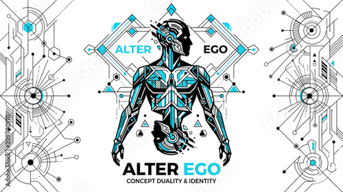 Φωτογραφία Futuristic Cyborg Man with Alter Ego Concept, Geometric Design