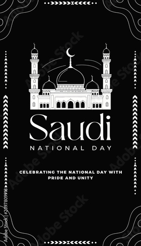 Saudi National Day vector illustration with mosque and calligraphy