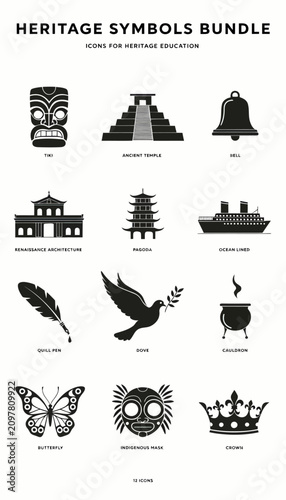 Vector icons of cultural heritage symbols for education.