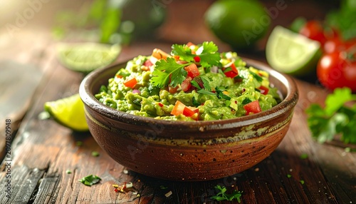 A bowl of firefly authentic mexican guacamole sits on a wooden table. The guacamole is made from ripe avocados, lime juice, cilantro, and diced tomatoes. Fresh lime and tomatoes surround the bowl