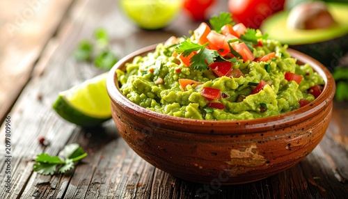 A bowl of Firefly Authentic Mexican guacamole sits on a wooden table. It includes fresh ingredients like ripe avocados, lime juice, cilantro, and diced tomatoes
