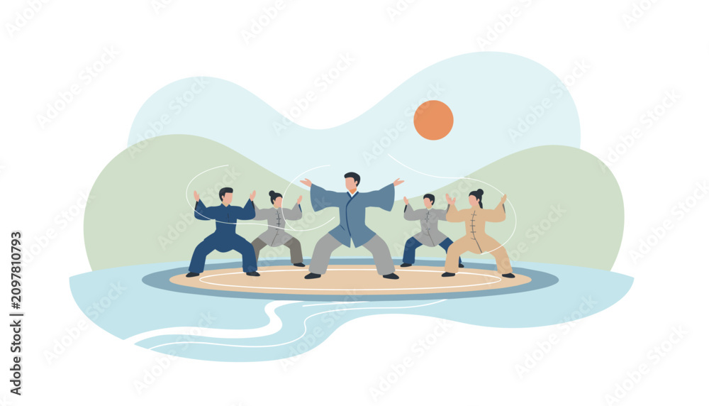 Fototapeta premium Active group of people in traditional clothing practicing healthy Tai Chi movements in a serene lakeside landscape.